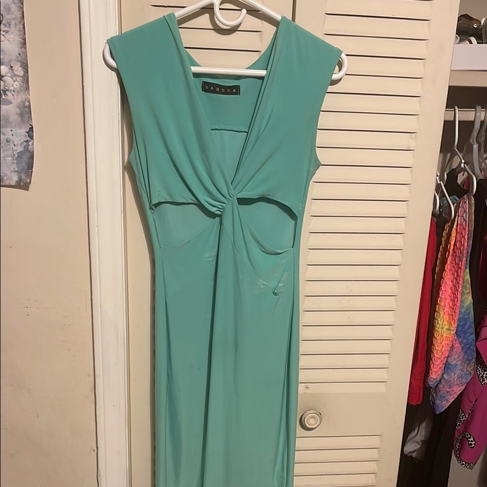 Zara Green Sheath Maxi Dress Plunge Neckline